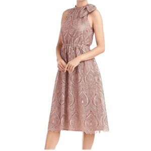 JS Collections Womens Embroidered Appliqué Halterneck Dress 16 Latte Fit N Flare